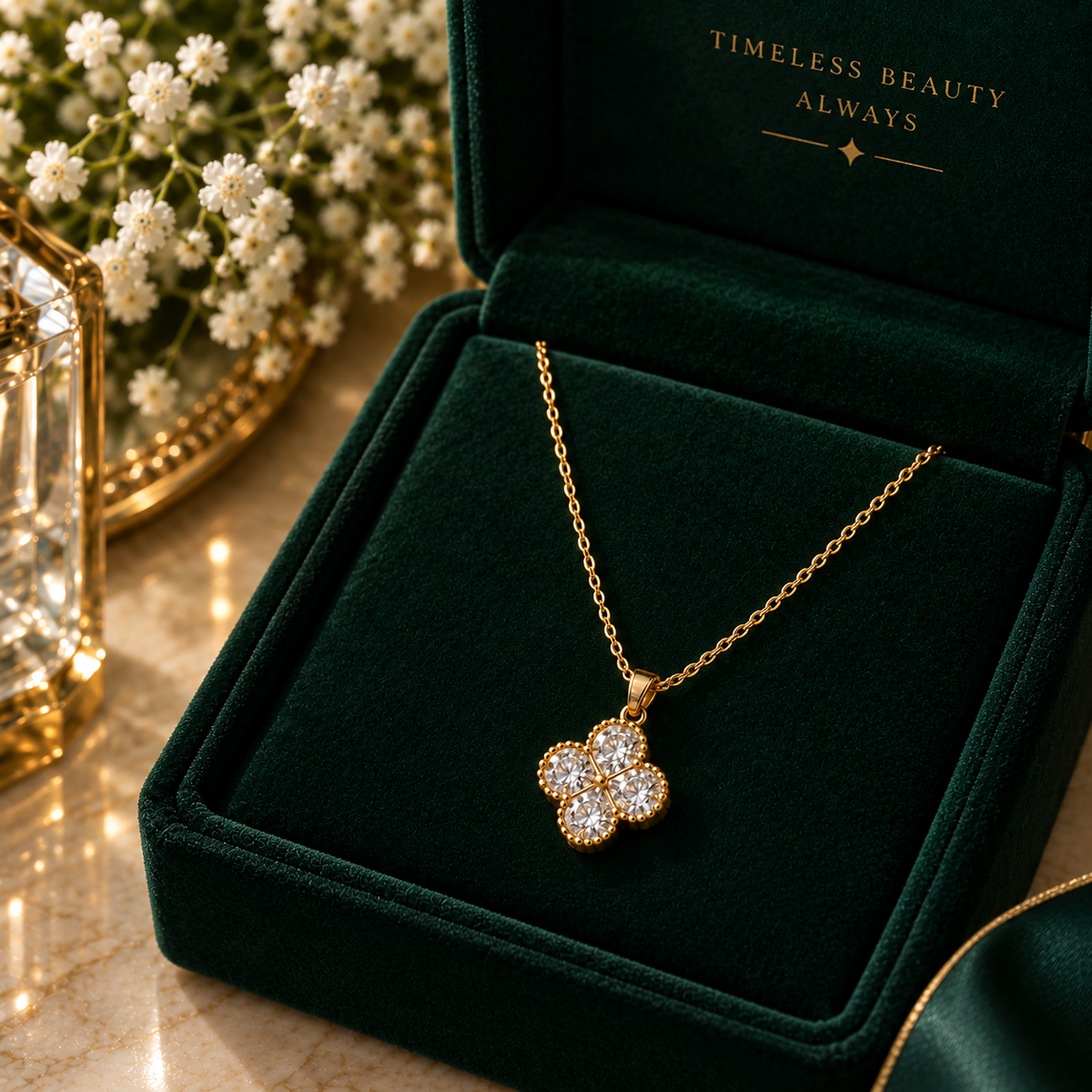 Four-Leaf Clover Flower Pendant Necklace – Elegant Gold Chain for Women