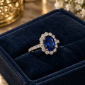 Royal Blue Sapphire Oval Halo Ring – Vintage Silver Solitaire Ring for Women