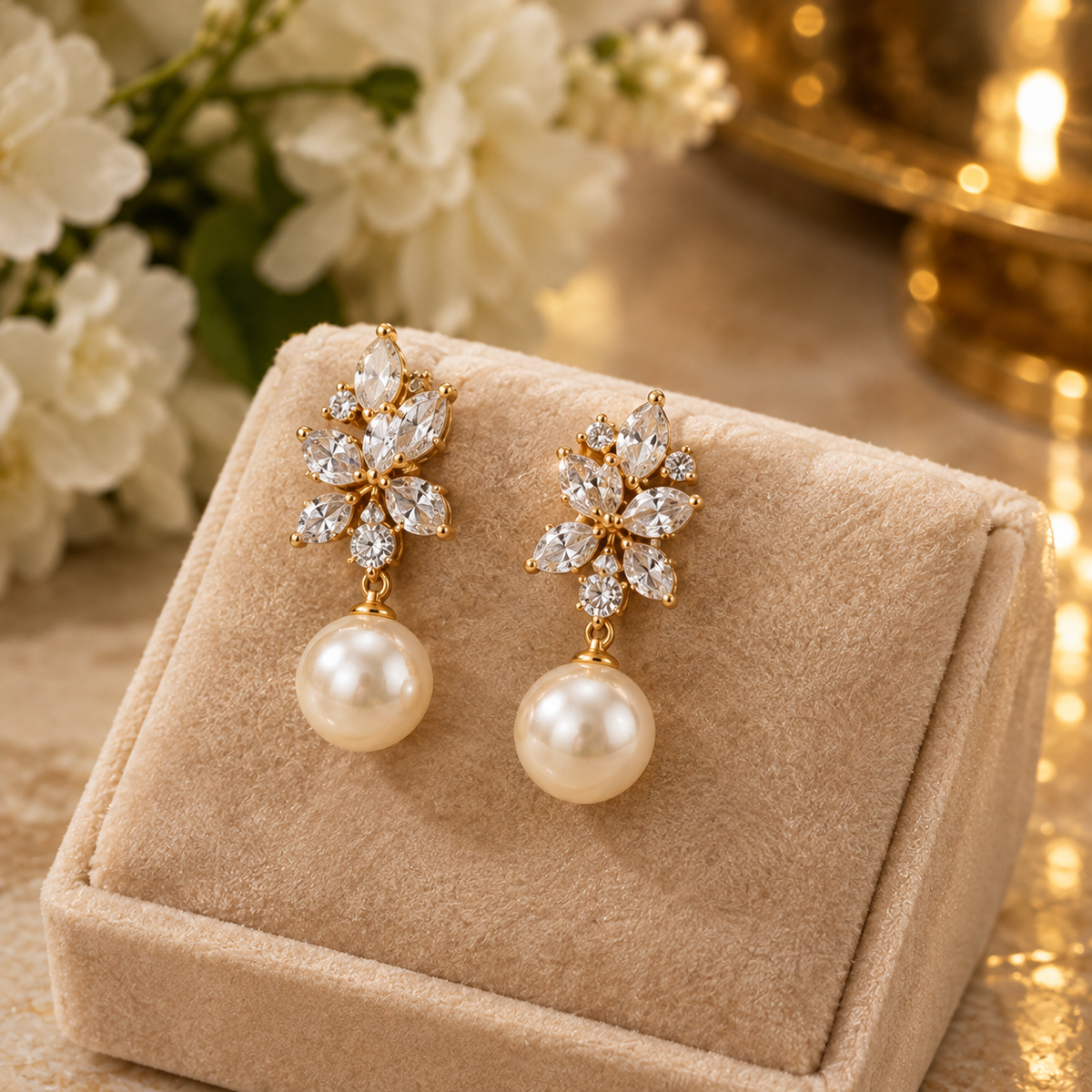 Elegant Zircon Floral Pearl Drop Earrings – Vintage Gold Dangle Earrings