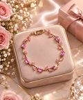 Pink Crystal Flower Charm Bracelet – Gold Floral Bangle for Women