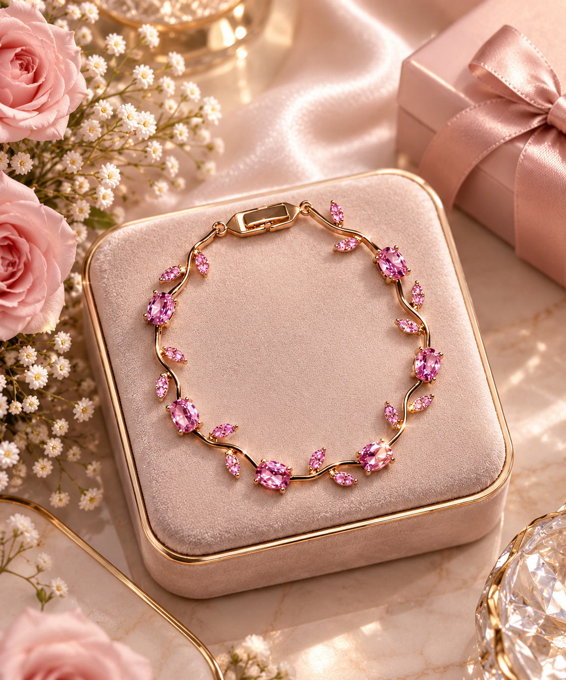 Pink Crystal Flower Charm Bracelet – Gold Floral Bangle for Women