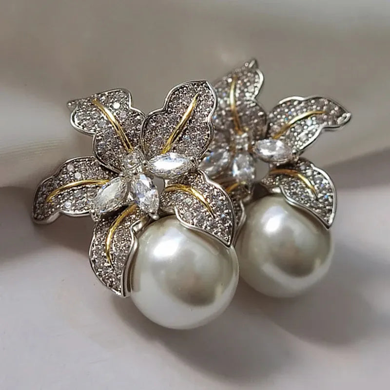Gorgeous Flower Imitation Pearl Earrings Women Luxury Inlaid Sparkling CZ Stone
